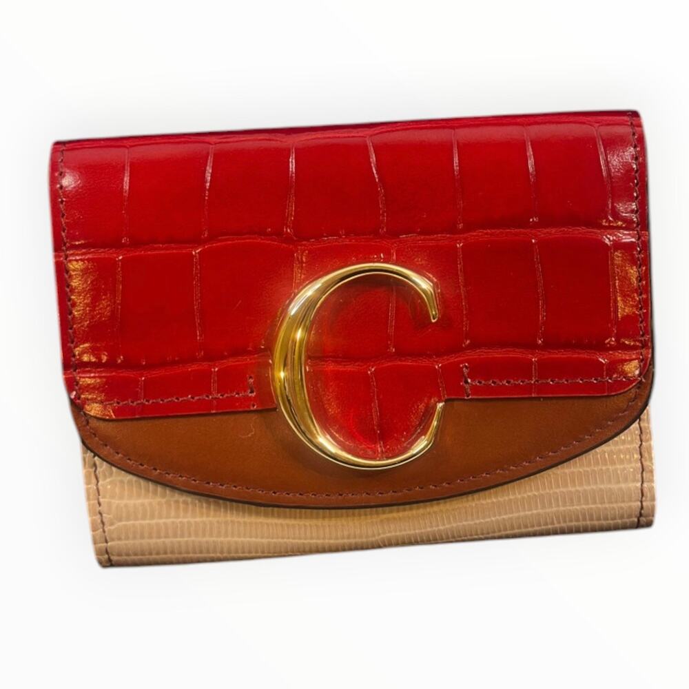 Chloé C Small Tri-Fold Wallet Dusky Red Croc Embossed Leather Gold C NWT